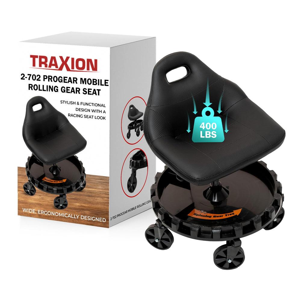 Traxion ProGear seat front view showing carbon-fiber finish and comfort benefits