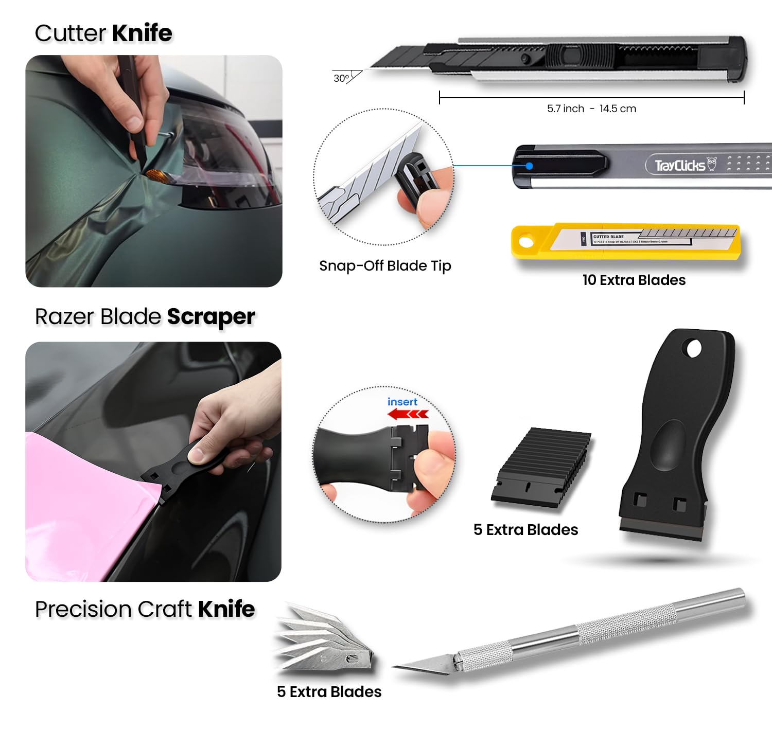 TRAYCLICKS corner tuck tools arranged for tight-edge finishing