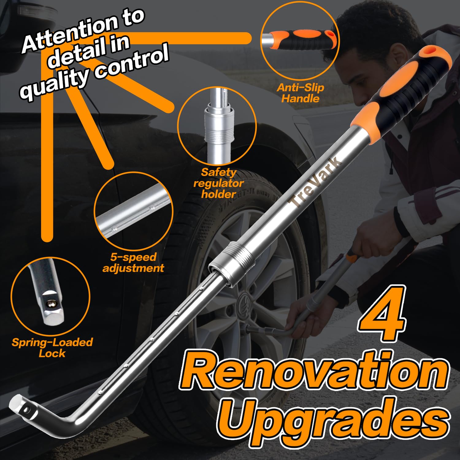 TreVark extended telescoping handle demonstrating extra leverage
