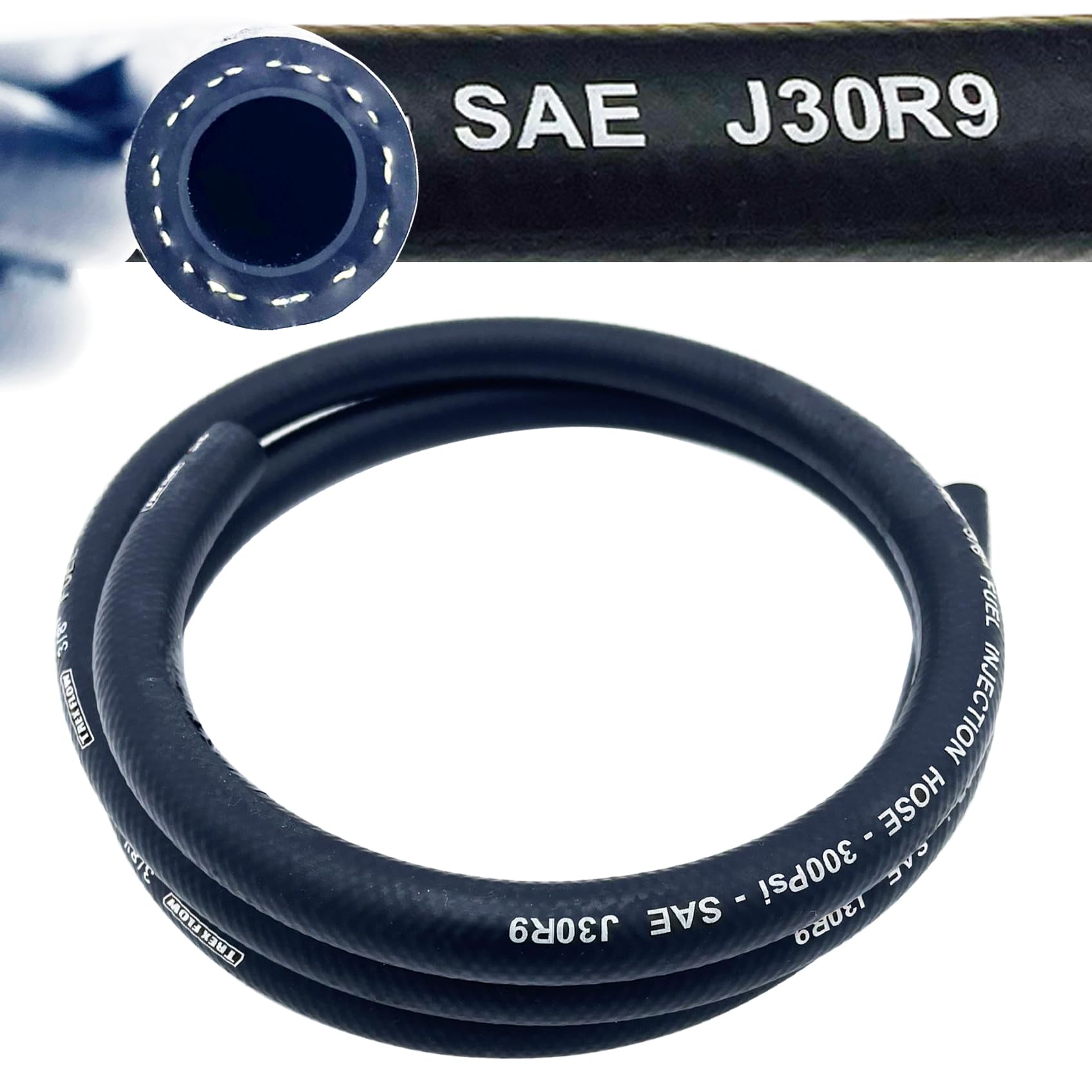 TREXFLOW TF front view of SAE30R9 3/8 inch fuel hose showing construction and markings, durable protection