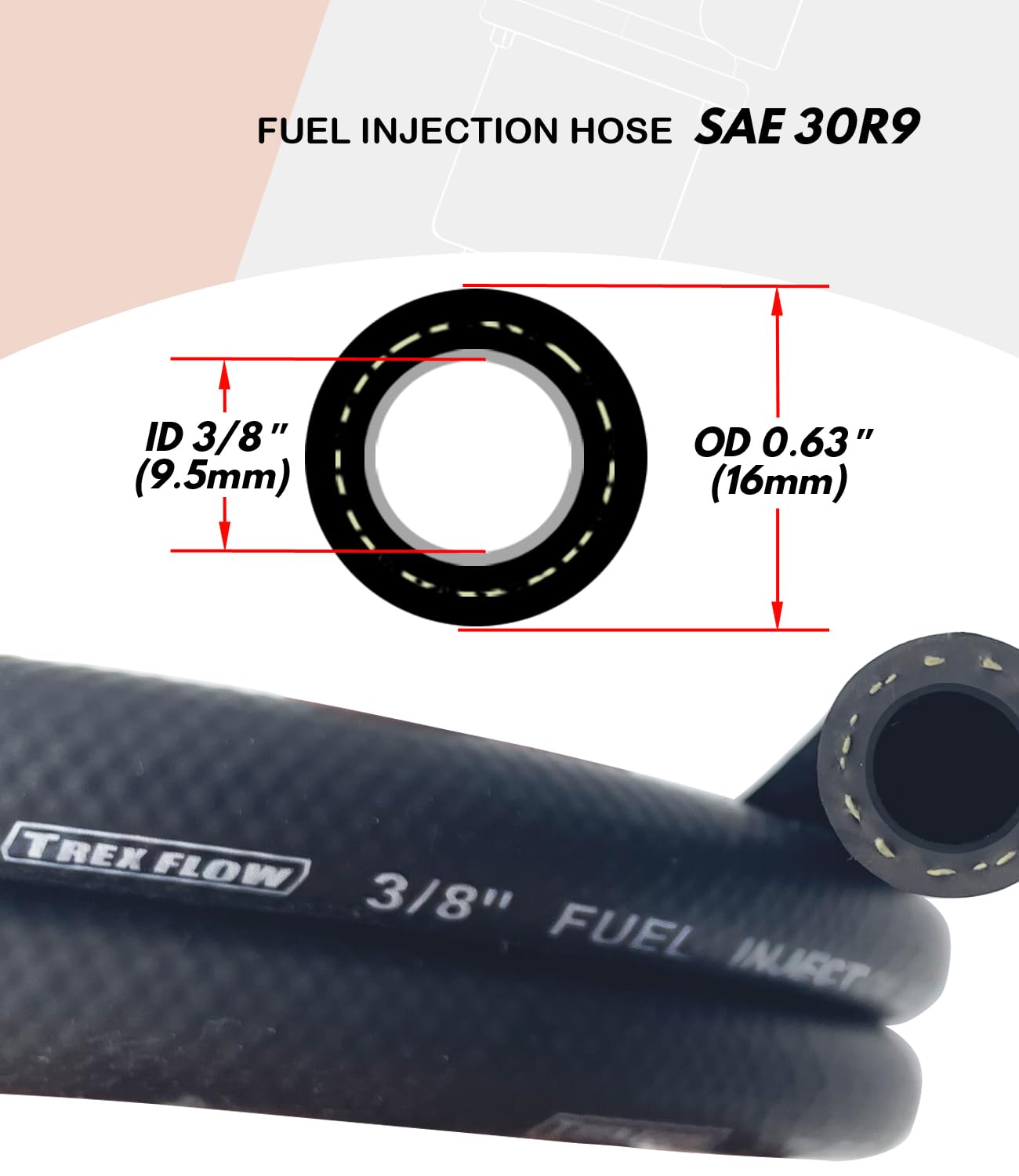 TREXFLOW TF hose laid beside ruler showing 5ft length and 3/8" ID scale for correct sizing