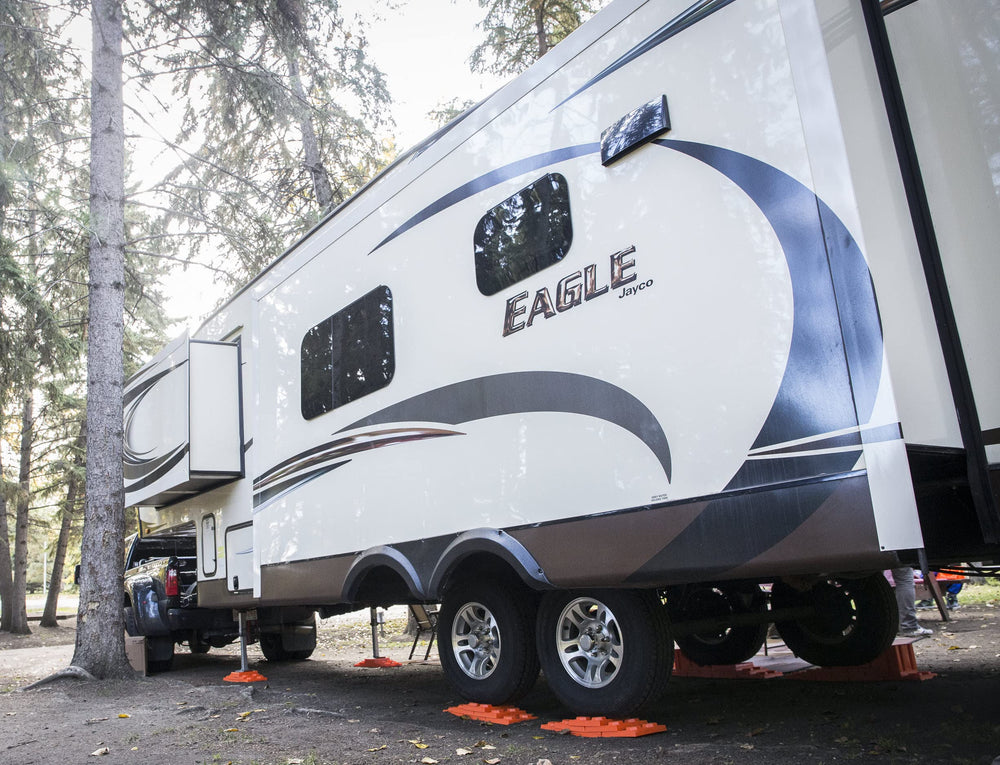 Tri-Lynx blocks placed under an RV dual wheel delivering steady, level support