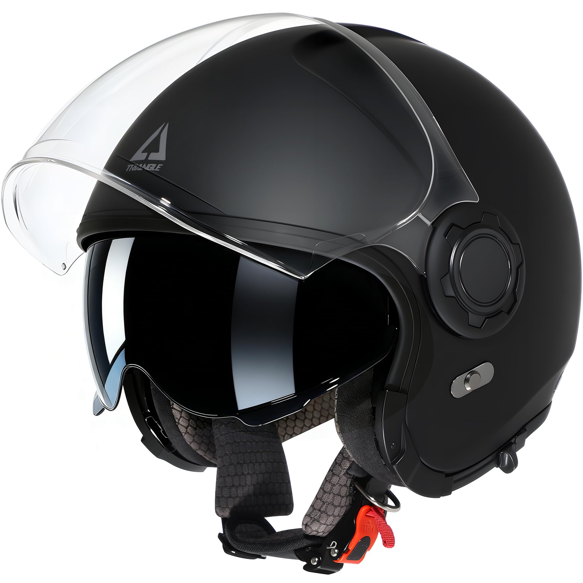 TRIANGLE helmet detachable mask detail illustrating tool-free conversion for versatile riding
