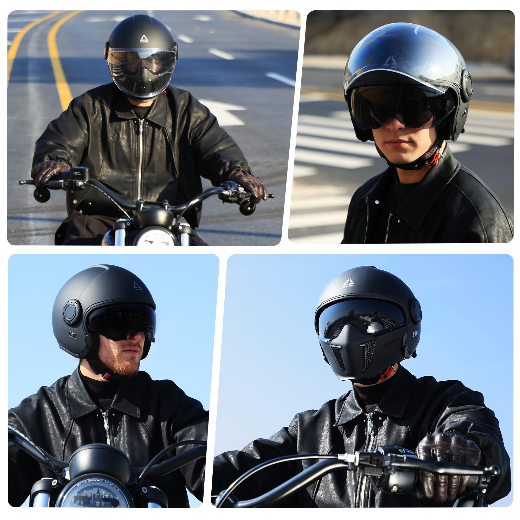 TRIANGLE helmet size comparison on stand showing available S to XXL fit options for riders