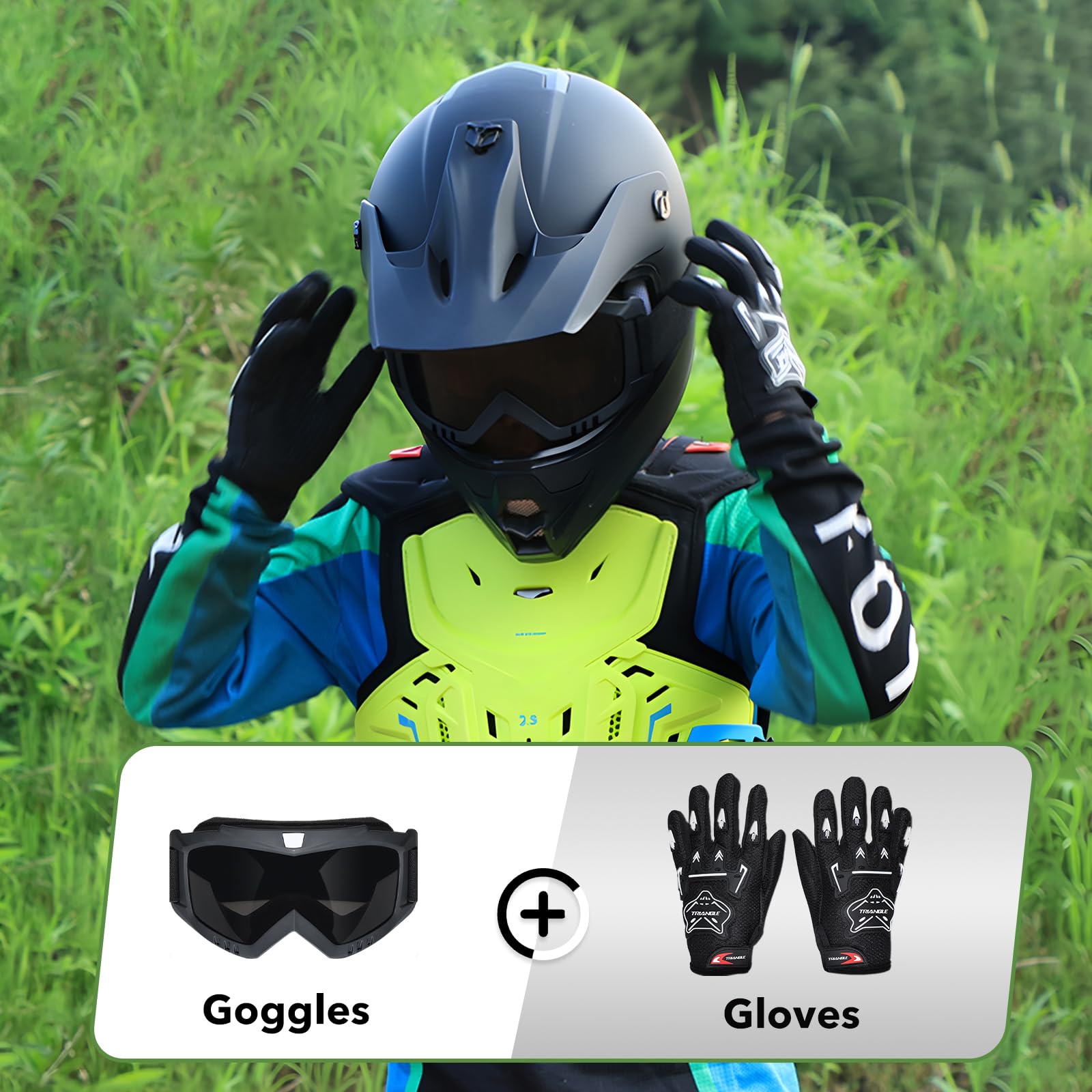 Young rider wearing TRIANGLE helmet and goggles demonstrating real-world safety benefit