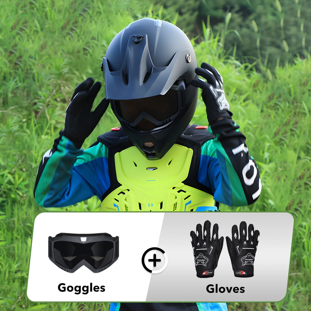 Young rider wearing TRIANGLE helmet and goggles demonstrating real-world safety benefit
