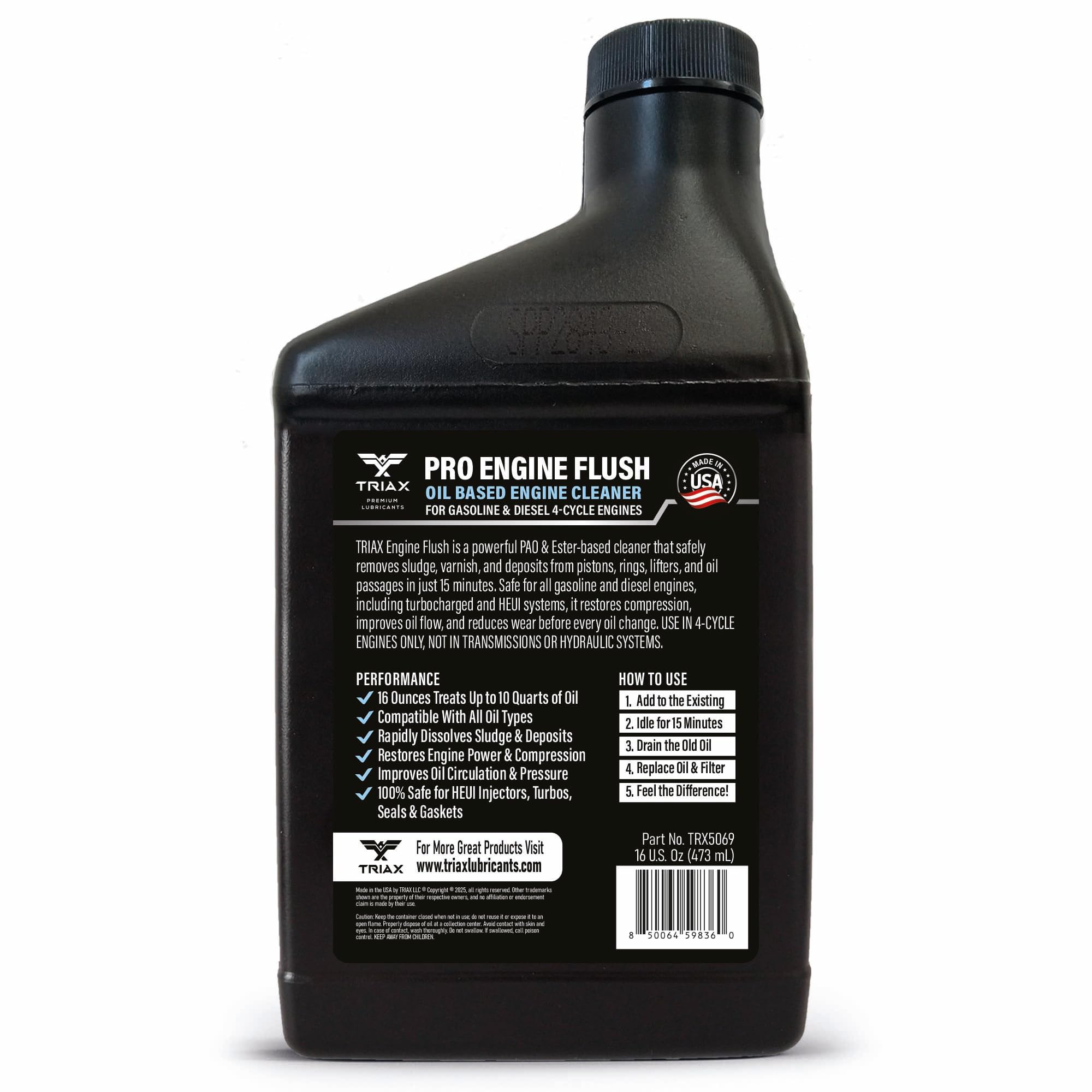 Triax label close-up highlighting usage and ZDDP protection