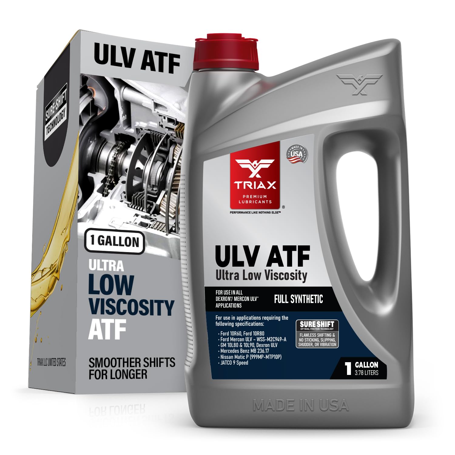 Triax ULV ATF gallon front label showing compatibility and easy selection