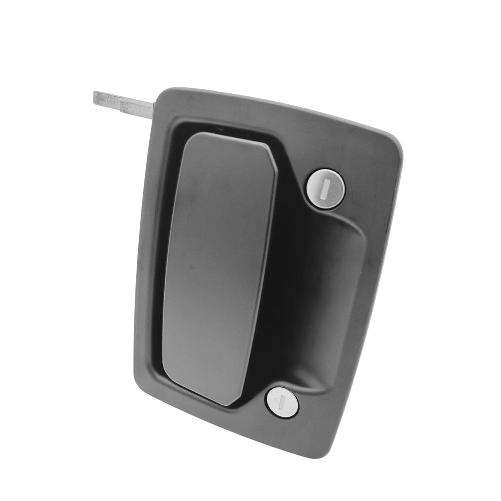 TriMark handle on RV door in campground scene demonstrating travel-ready durability