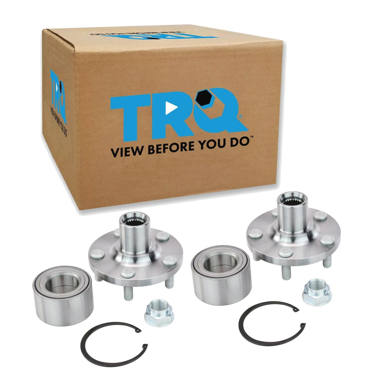 TRQ front hub pair front view showing fitment and direct-replacement benefit