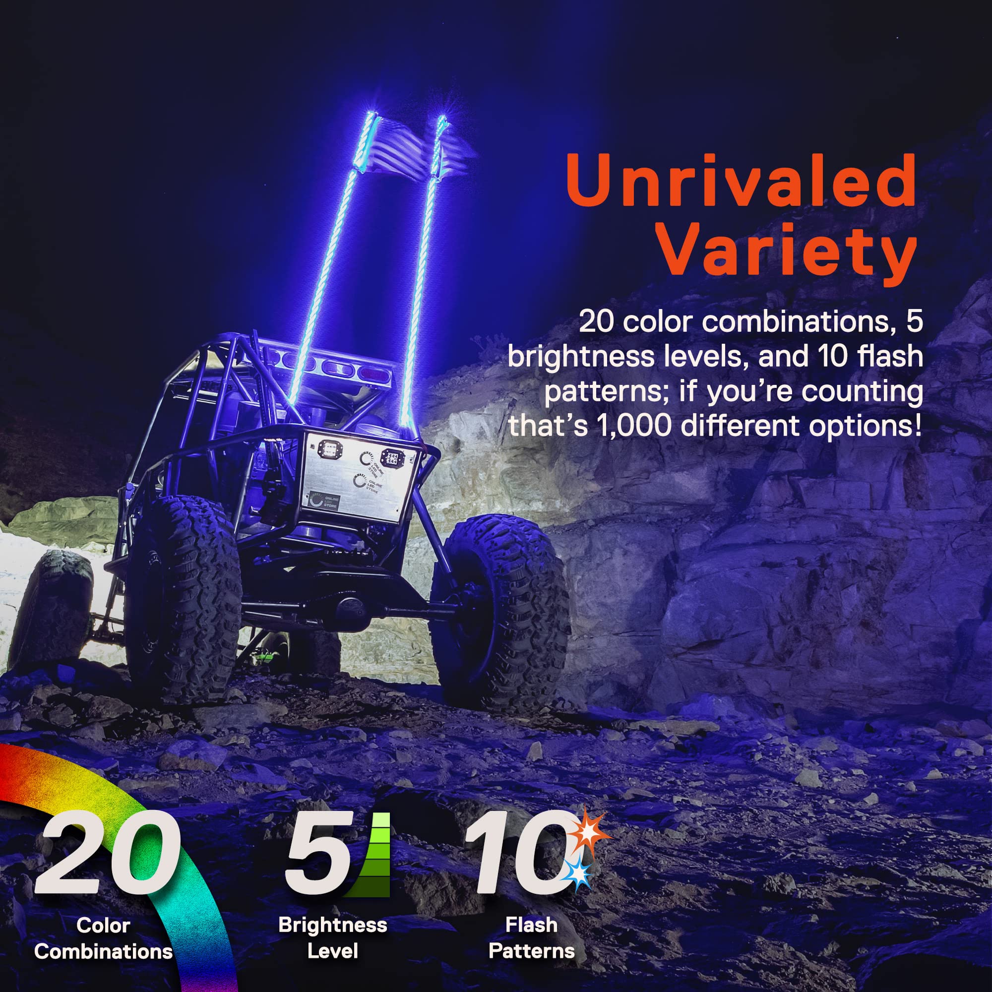 ONLINE LED STORE whip mounted on UTV side profile for installed look