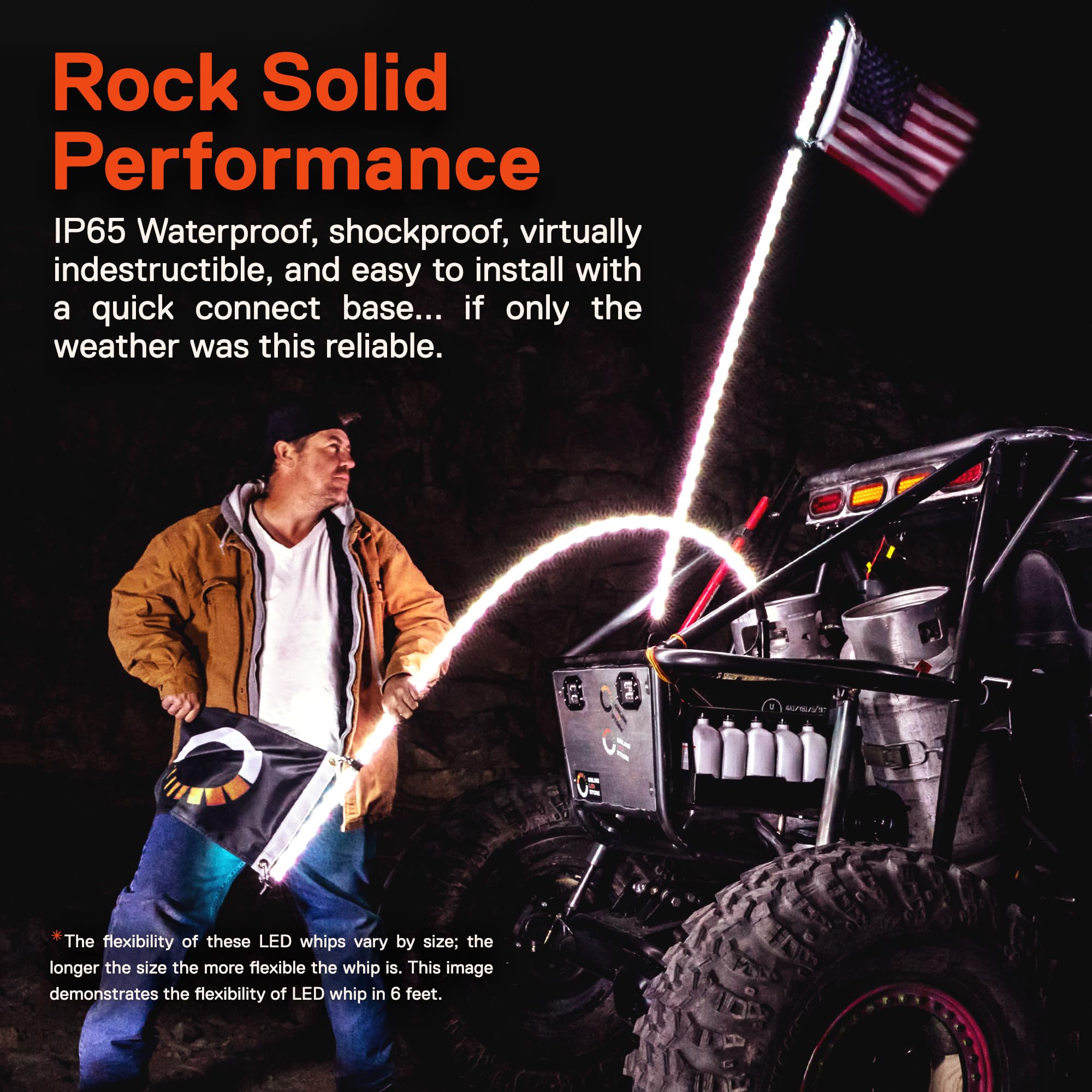 ONLINE LED STORE whip on night trail showing long‑distance visibility