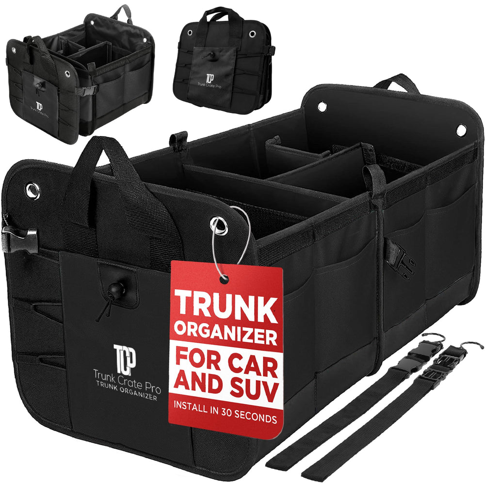 TRUNKCRATEPRO front view of large black organizer showing compartments and stability