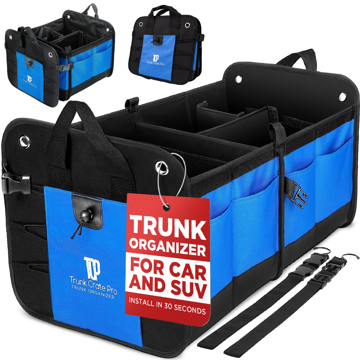 TRUNKCRATEPRO front view of blue organizer showing roomy compartments and tidy storage