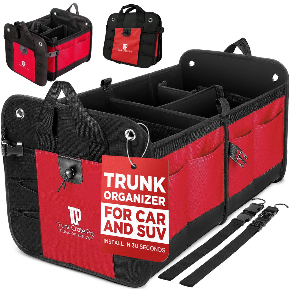 TRUNKCRATEPRO front view of red trunk organizer showing large capacity and neat storage
