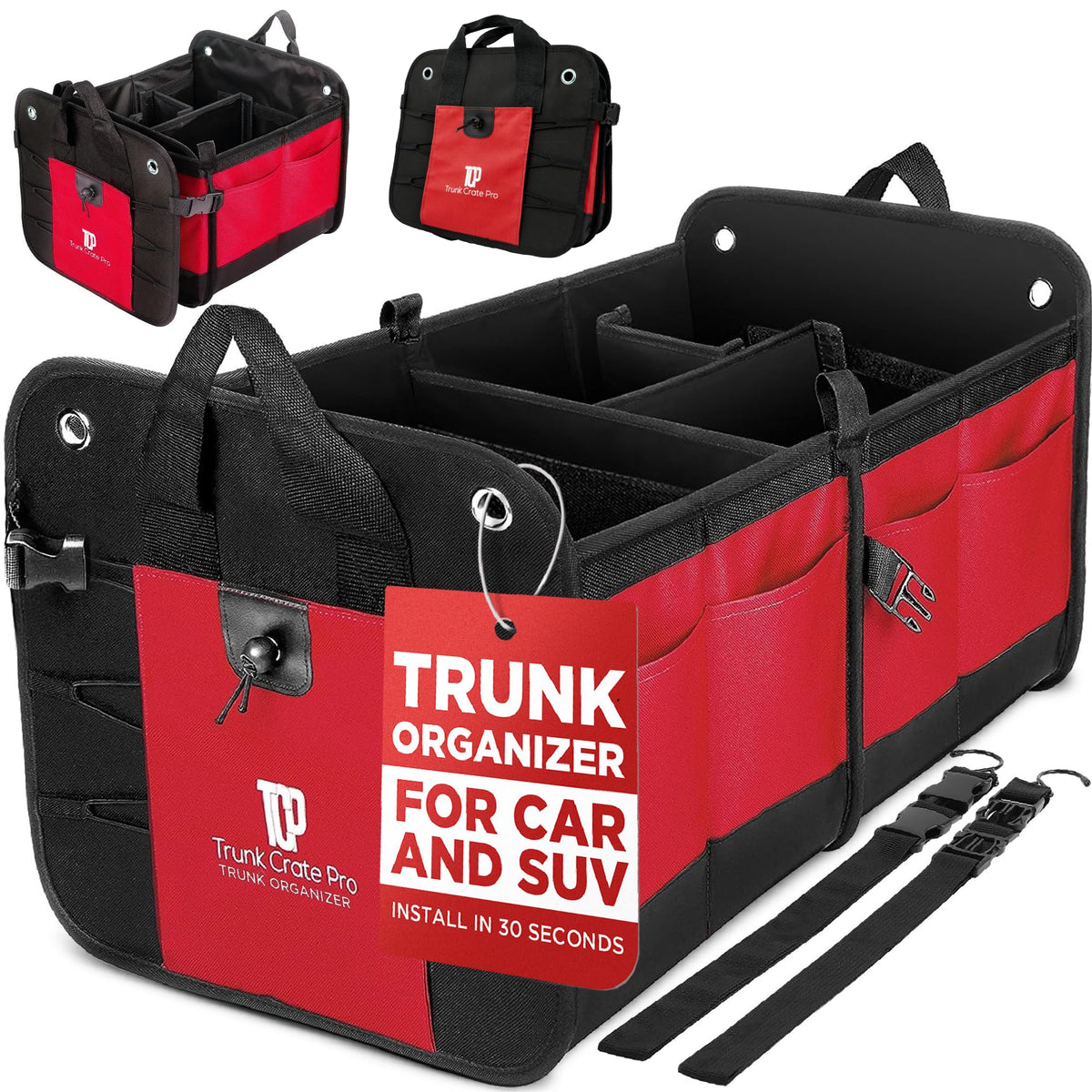 TRUNKCRATEPRO front view of red trunk organizer showing large capacity and neat storage