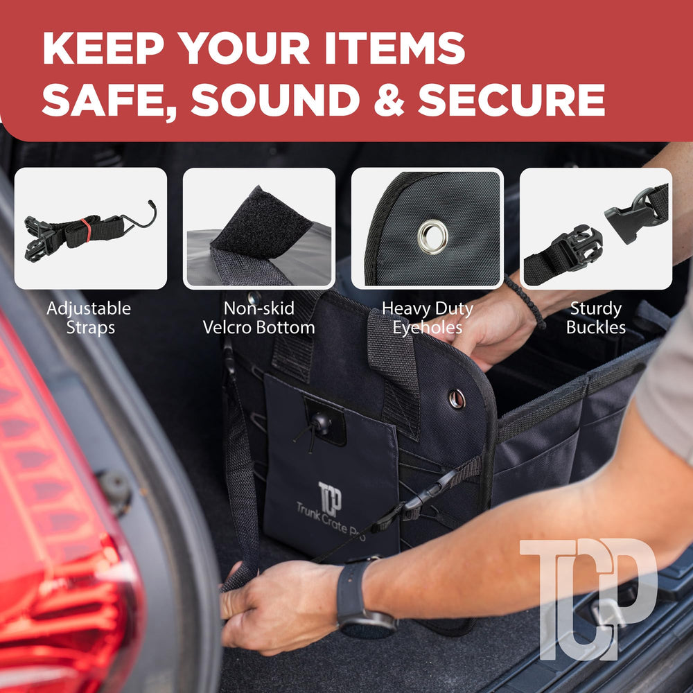 TRUNKCRATEPRO organizer loaded with groceries and sports gear for tidy transport