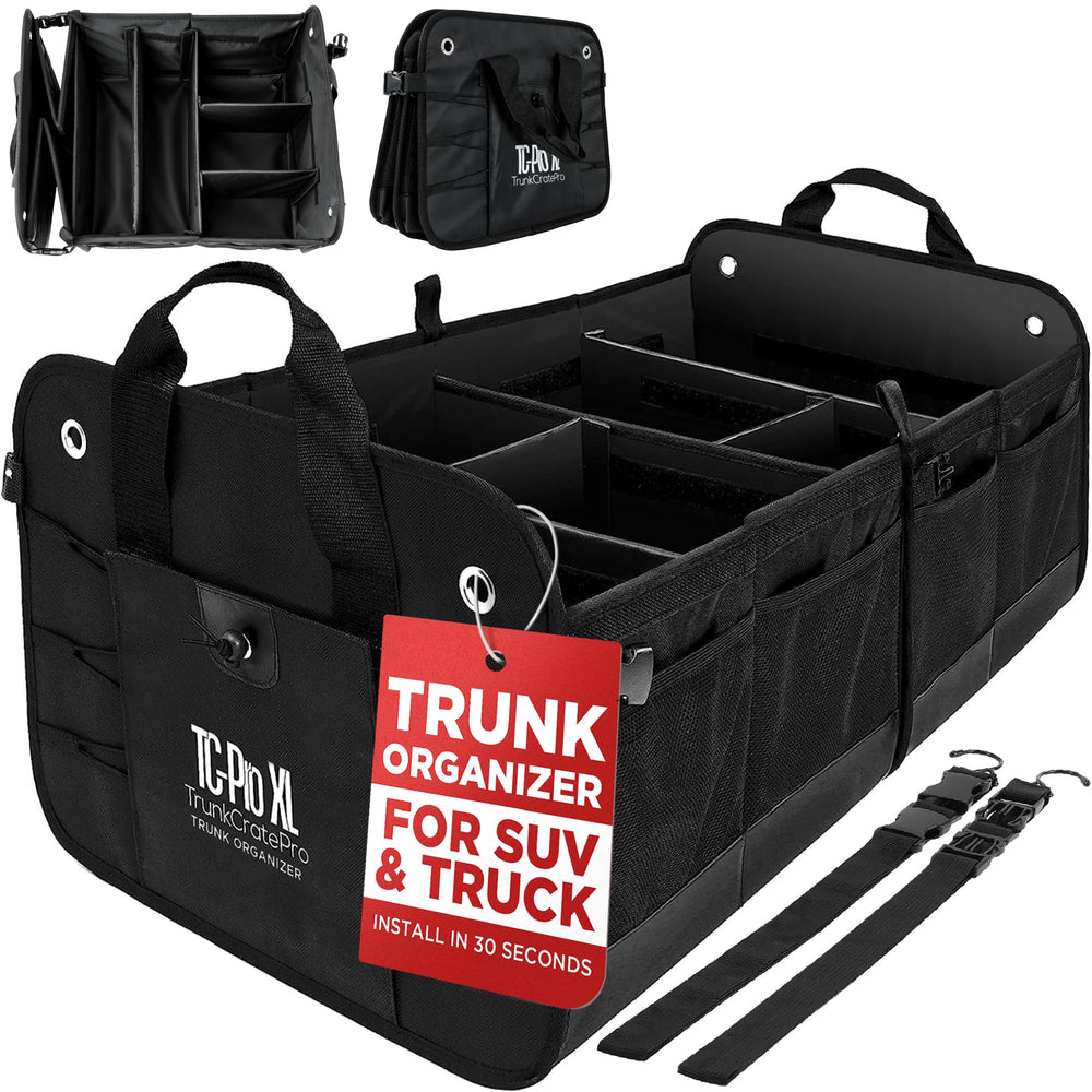 TRUNKCRATEPRO XL front view showing durable organizer and tidy cargo benefit