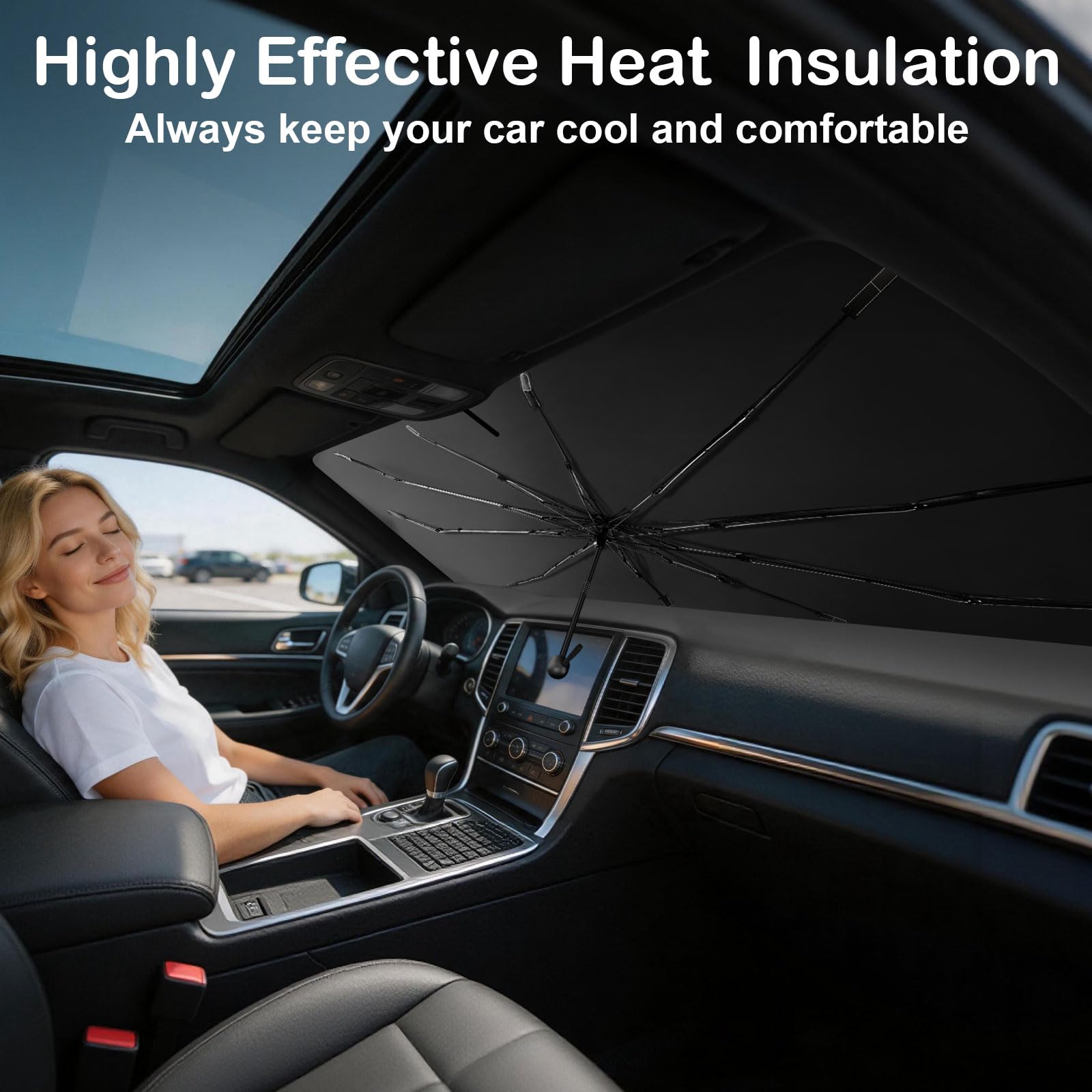 TryLook parked car with shade in place showing cooler interior and sun protection