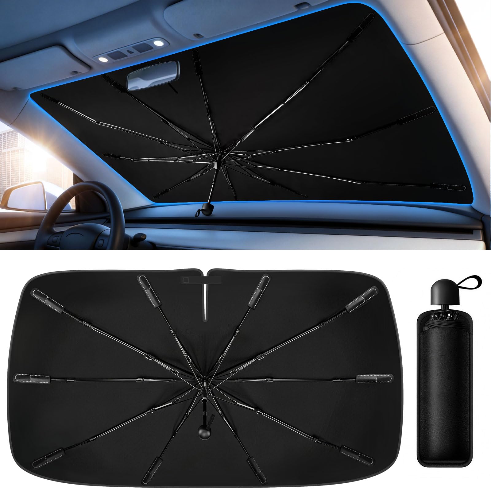 TryLook front view of umbrella sun shade showing full windshield coverage and cooling benefit