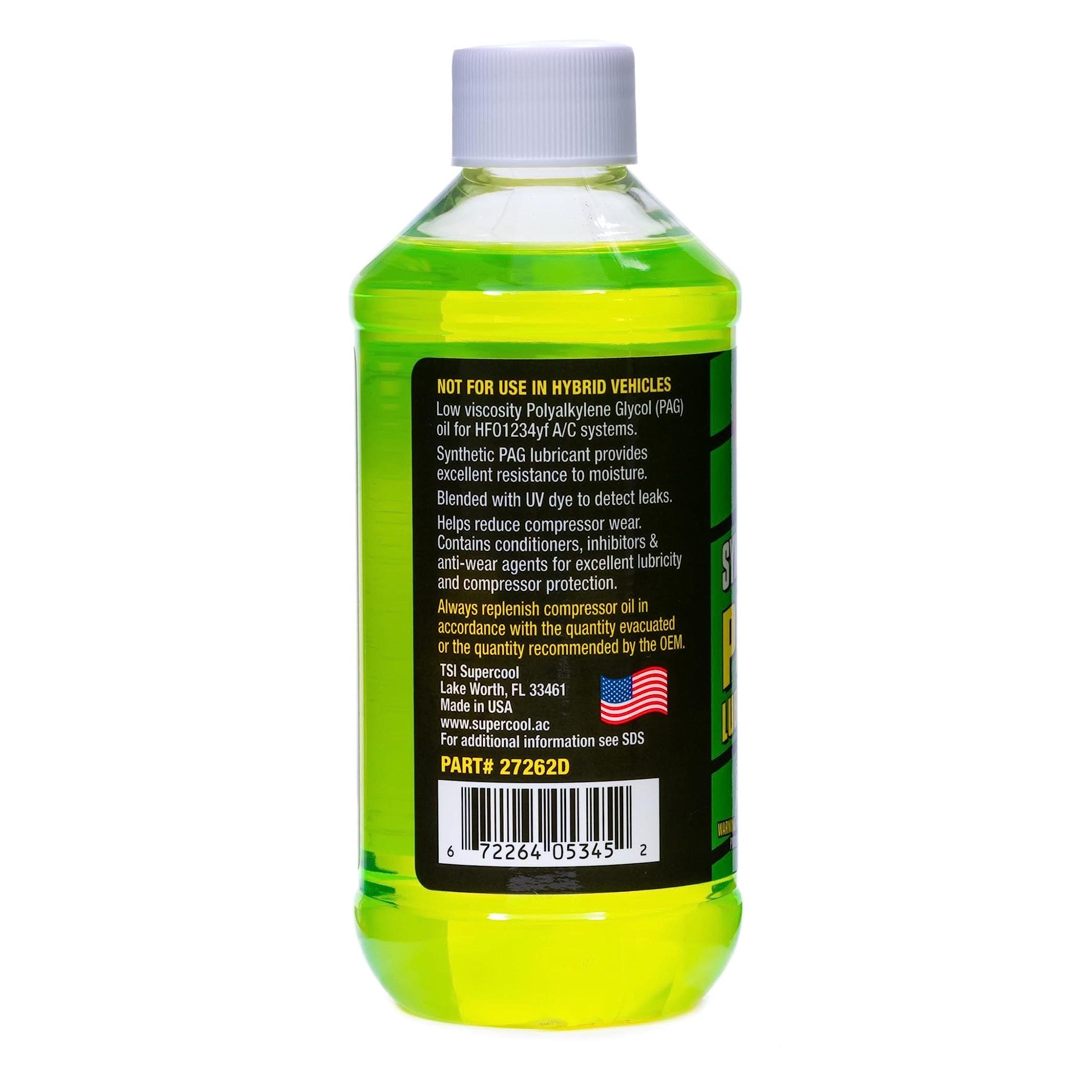 Close-up of TSI Supercool bottle highlighting UV dye feature for easier leak detection