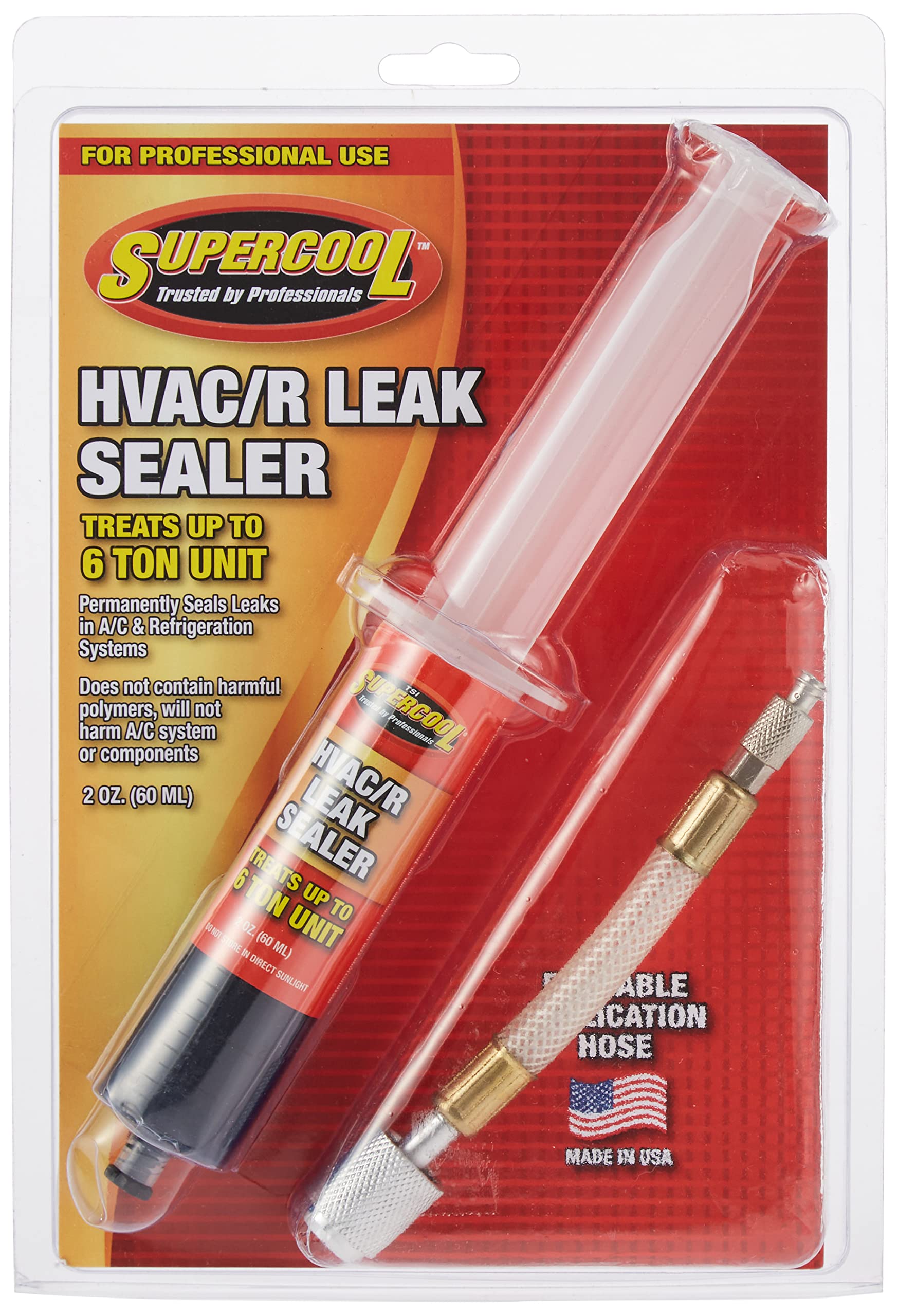 TSI Supercool front packaging showing product and benefits for HVAC leak repair
