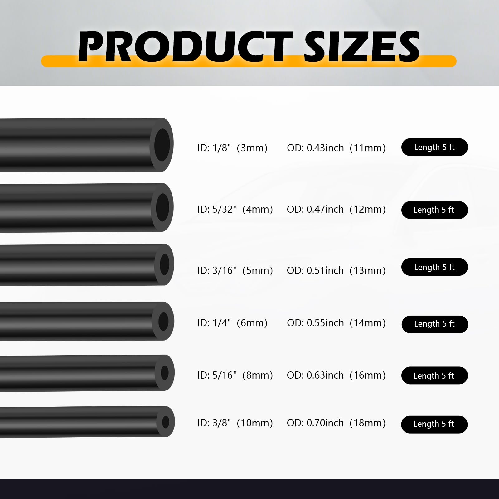TSIEBRV six silicone hose sizes laid out to show different inner diameters for accurate selection