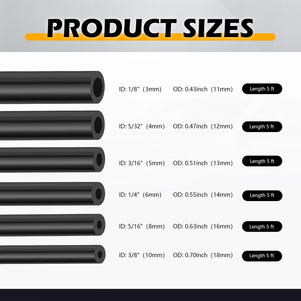 TSIEBRV six silicone hose sizes laid out to show different inner diameters for accurate selection