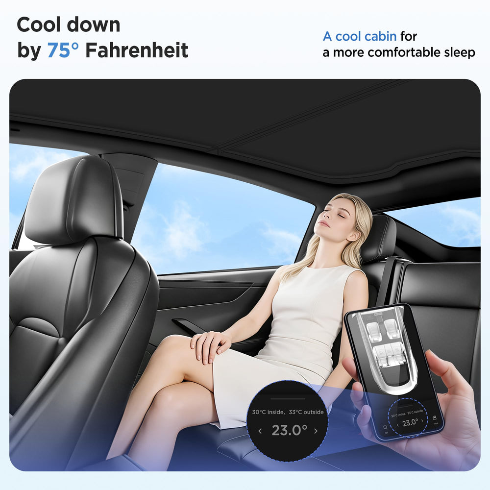 TSLDRV lifestyle image of parked Model Y with shade for cooler cabin on hot day