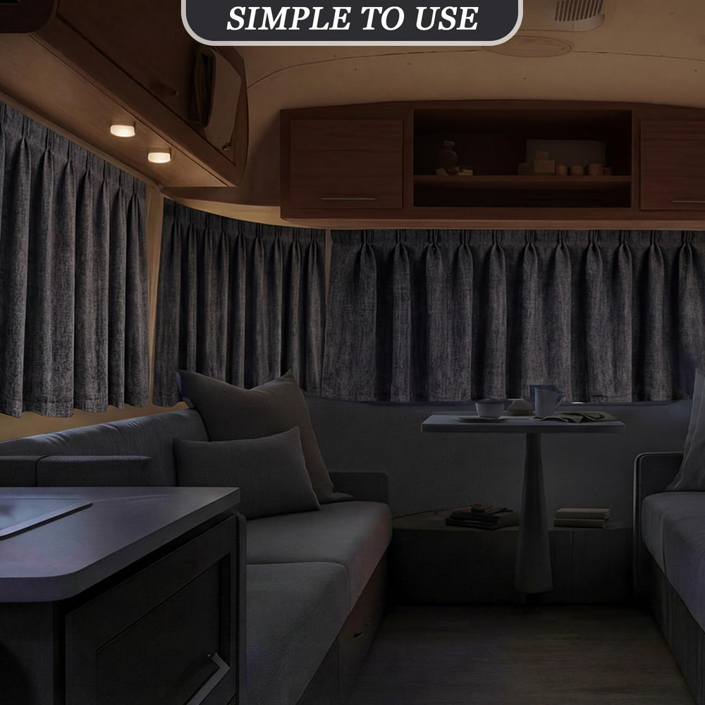 Tudomro curtains in a parked Class A at campground showing improved privacy and comfort
