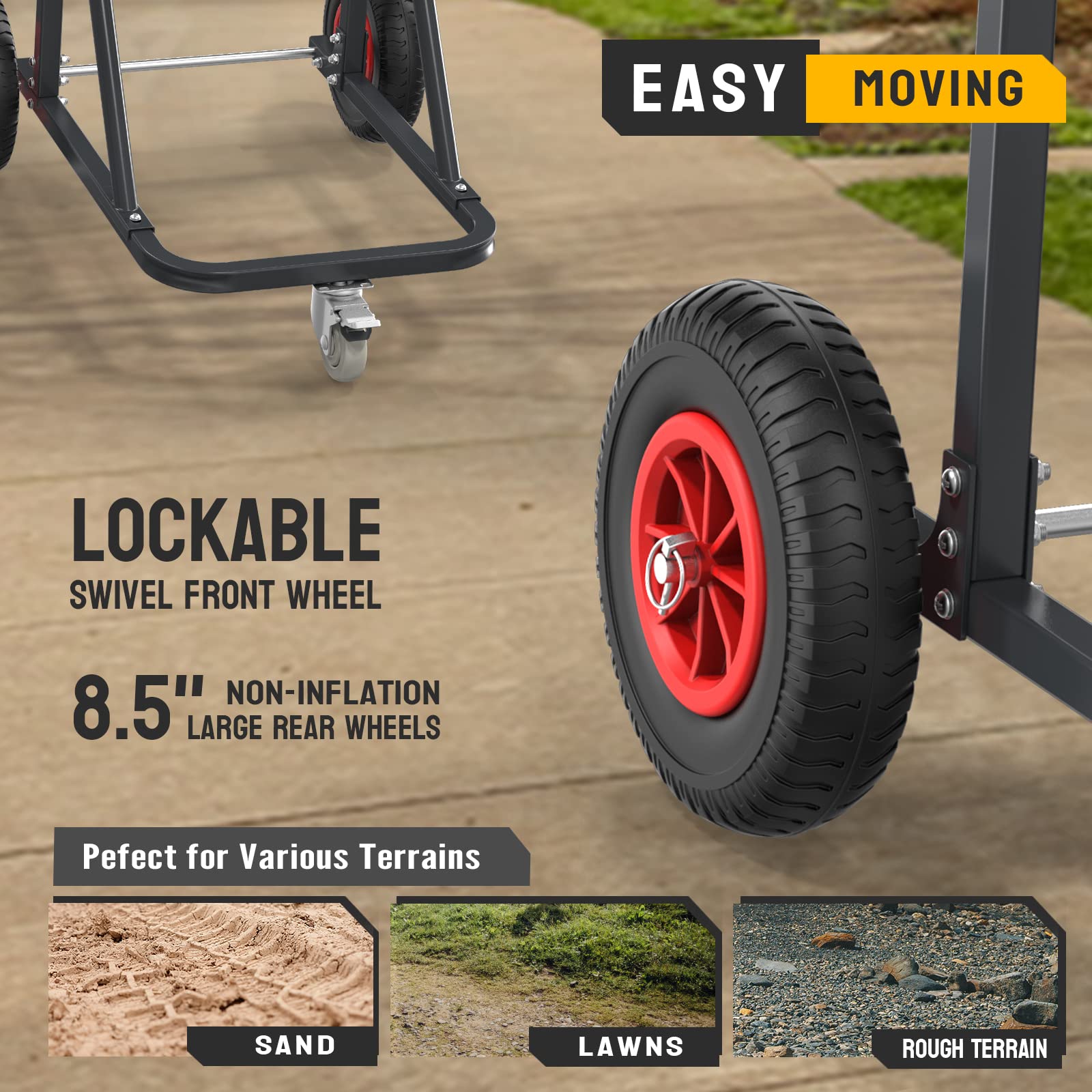 TUFFIOM lockable swivel wheel detail showing secure positioning advantage
