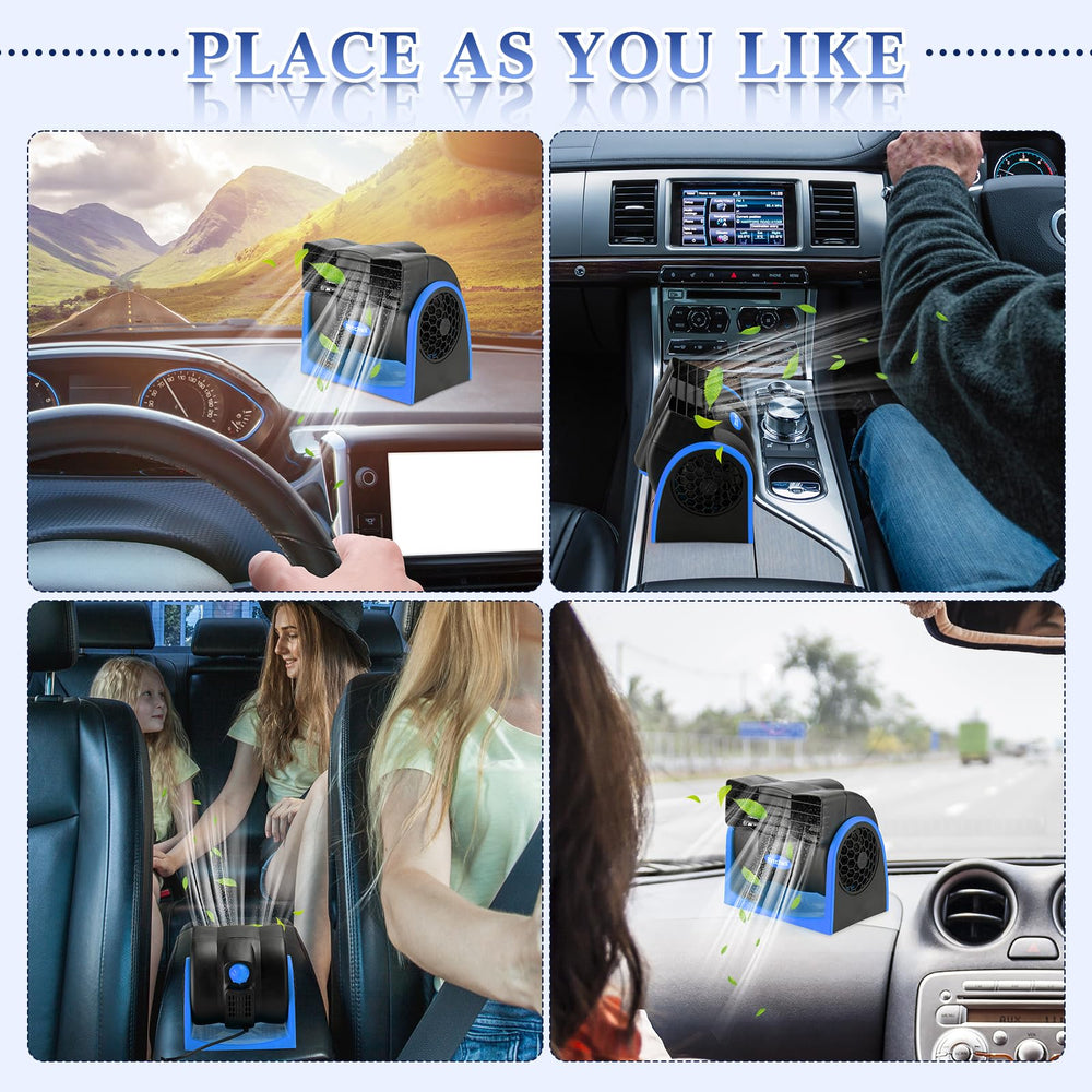 Tujoe fan used in a camping scene beside an RV showing versatile outdoor cooling benefit