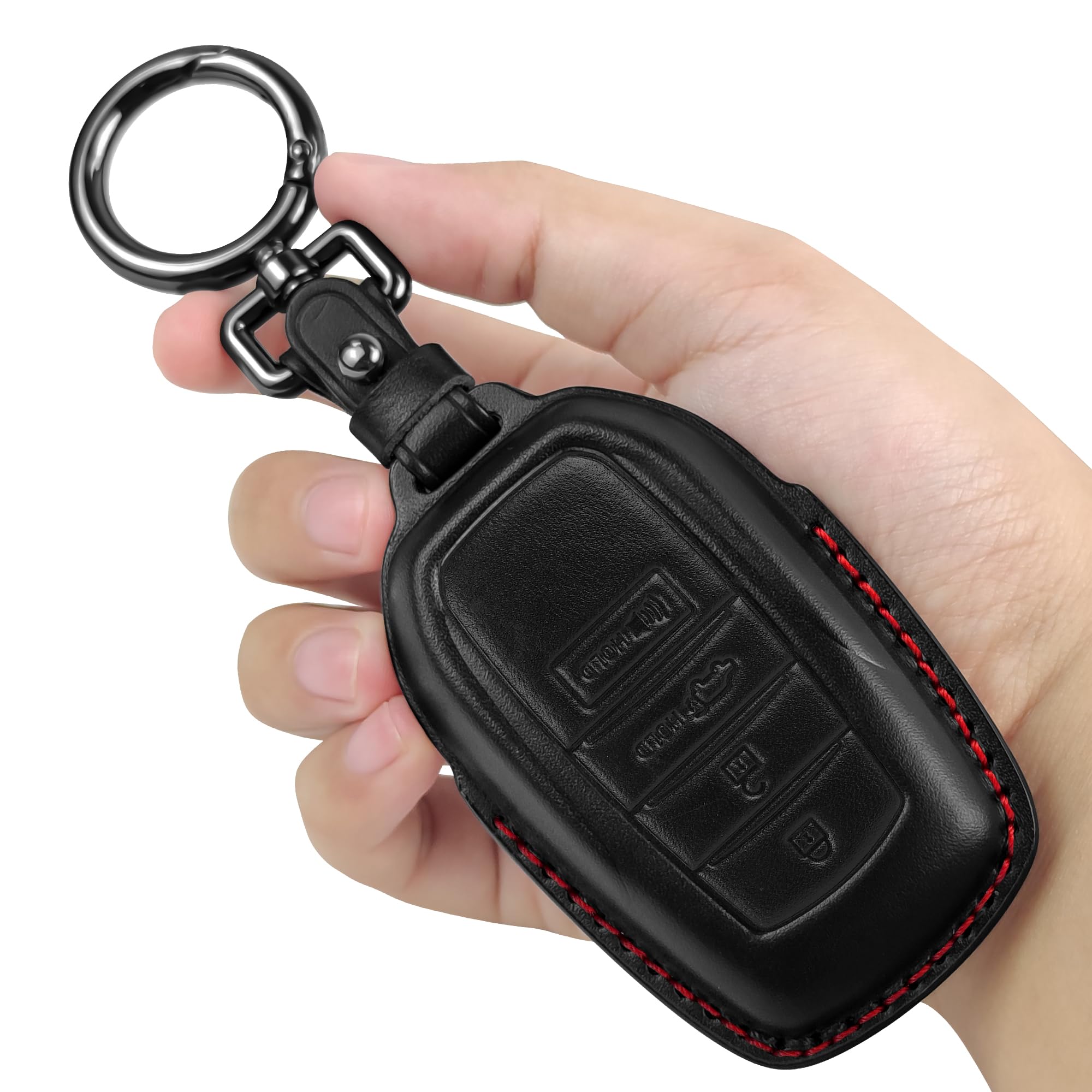 Tukellen front view of key fob cover showing black leather and red line, stylish protection
