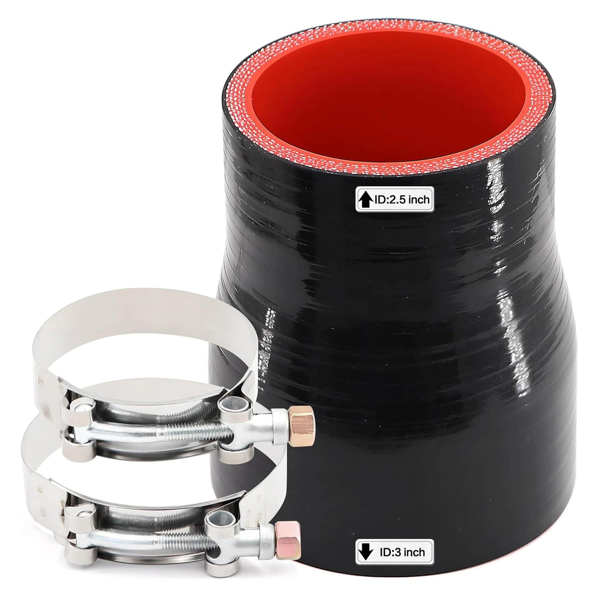 TuoLauthon front view of silicone reducer coupler showing inlet and outlet, clear fit benefit