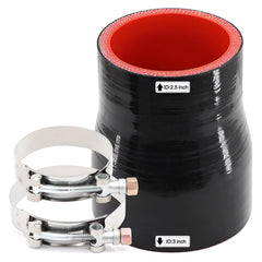 TuoLauthon front view of silicone reducer coupler showing inlet and outlet, clear fit benefit