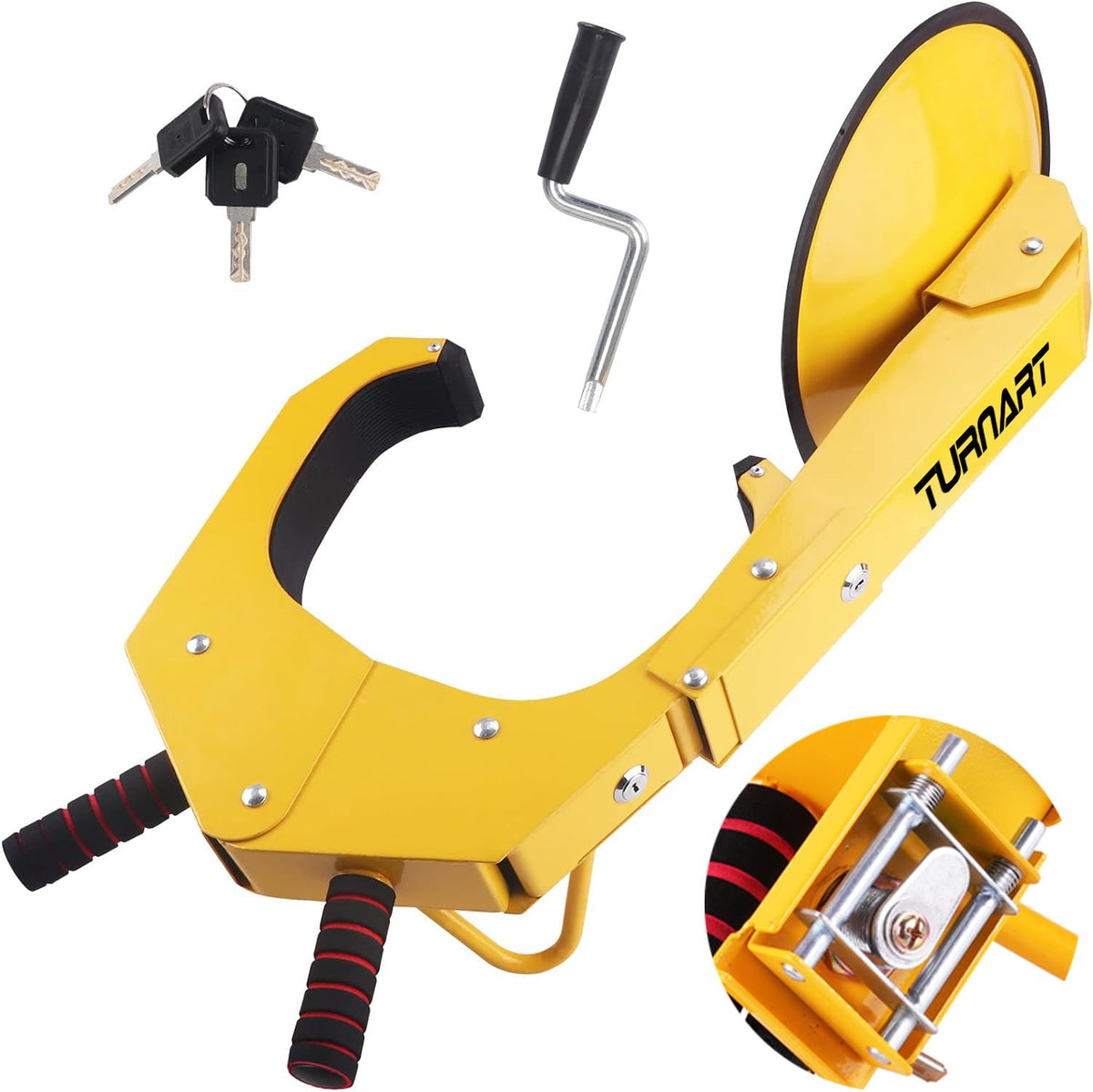 Turnart wheel lock front view showing clamp and yellow visibility benefit
