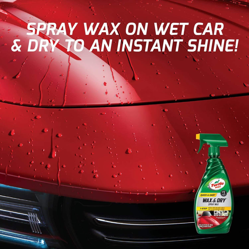 Turtle Wax being sprayed on a wet car panel showing quick application and shine