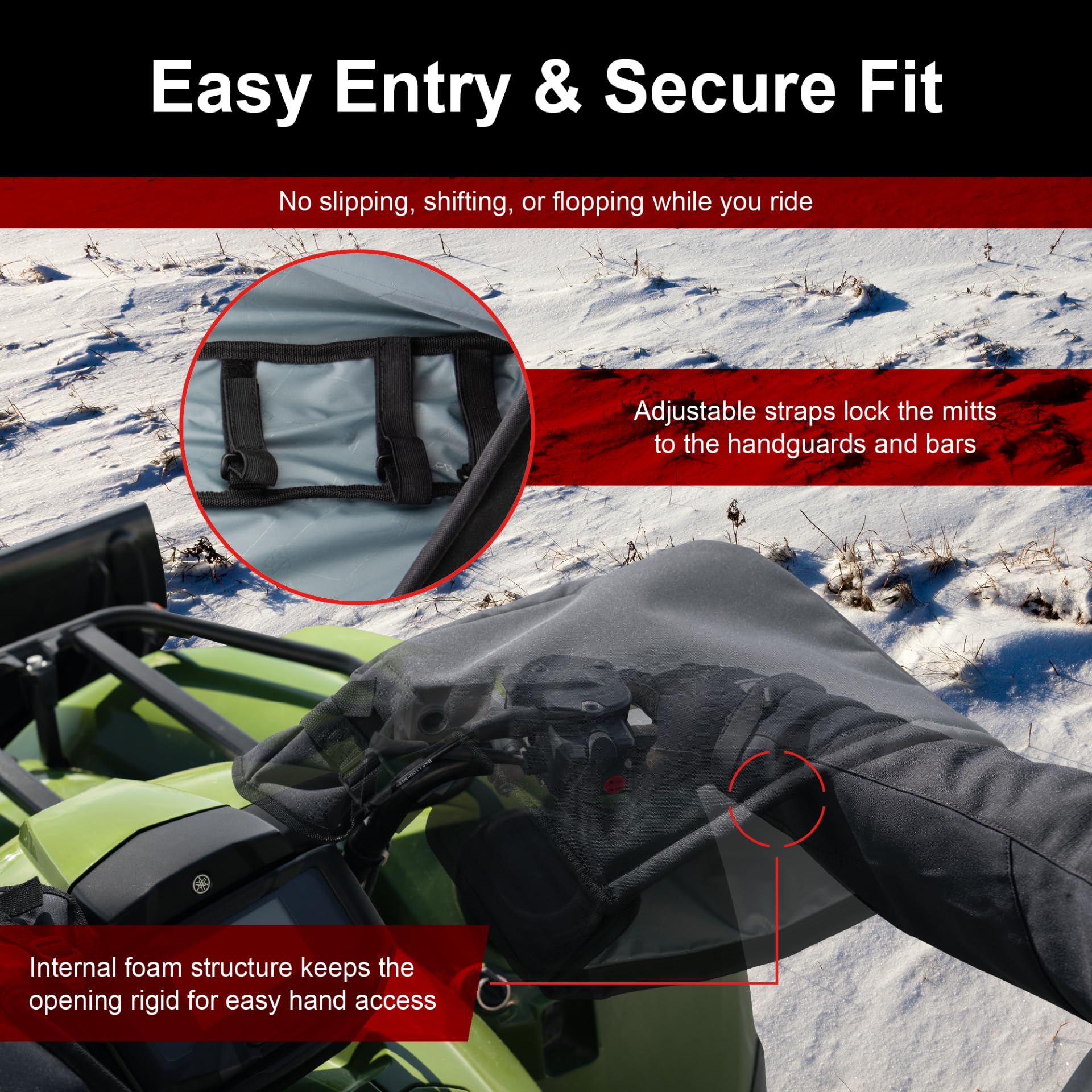 TUSK mitts attached to an ATV showing universal fit and riding comfort benefit