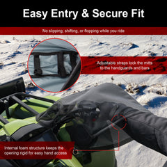 TUSK mitts attached to an ATV showing universal fit and riding comfort benefit