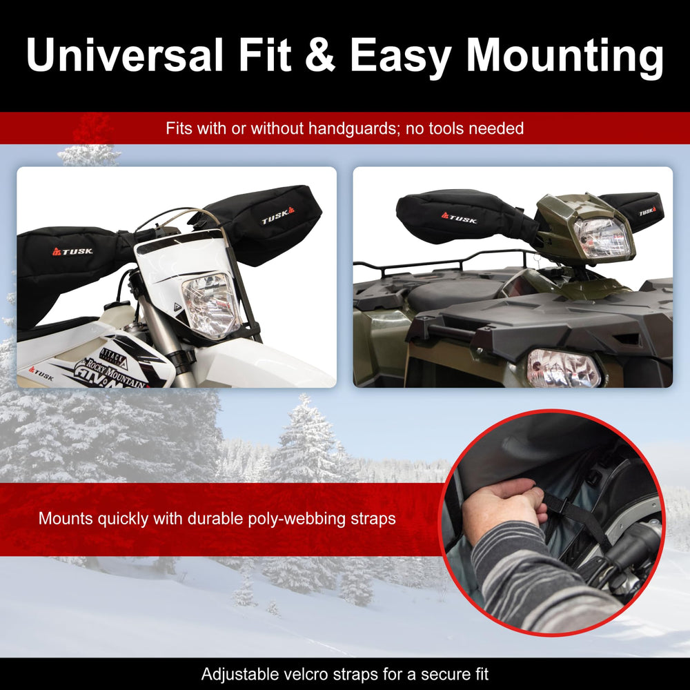 TUSK mitts mounted on a motorcycle demonstrating secure fit and control benefit