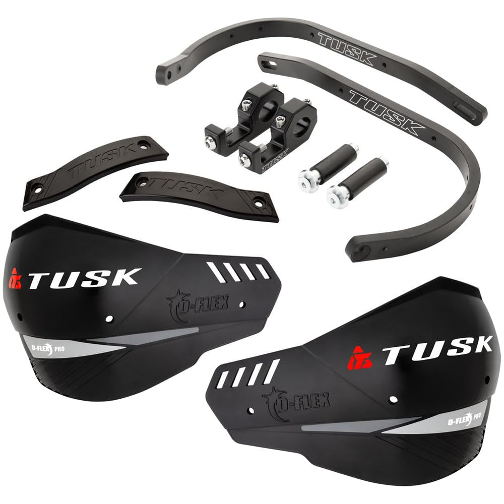 TUSK handguards front view showing black aluminum bar and MX-style shield, protects levers