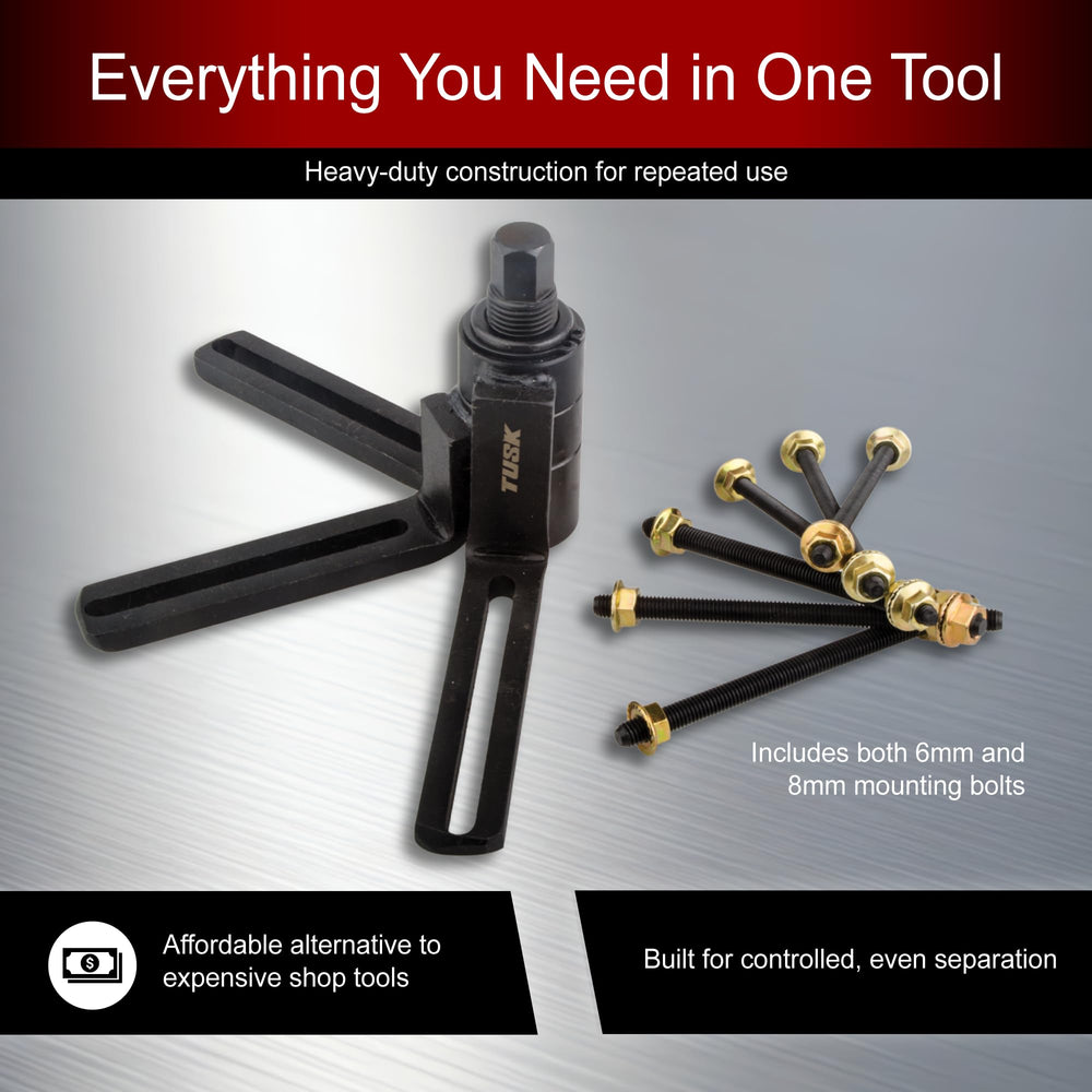TUSK splitter size comparison on workbench showing compact, portable advantage