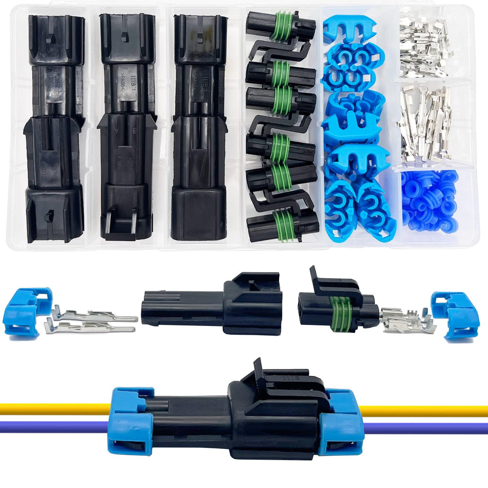 Twippo front view of 2-pin Weather Pack connectors showing sealed housings and durable latch benefit