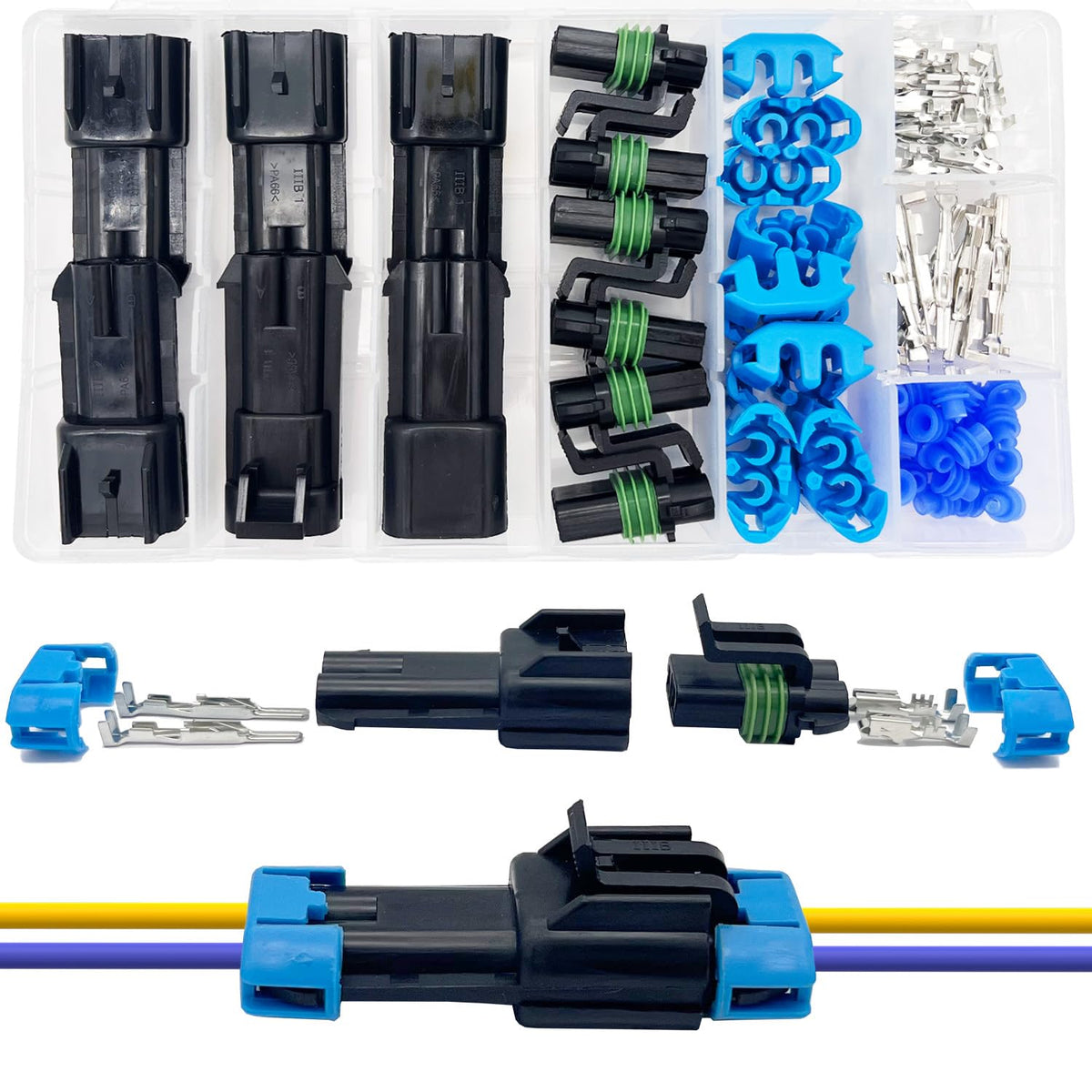 Twippo front view of 2-pin Weather Pack connectors showing sealed housings and durable latch benefit