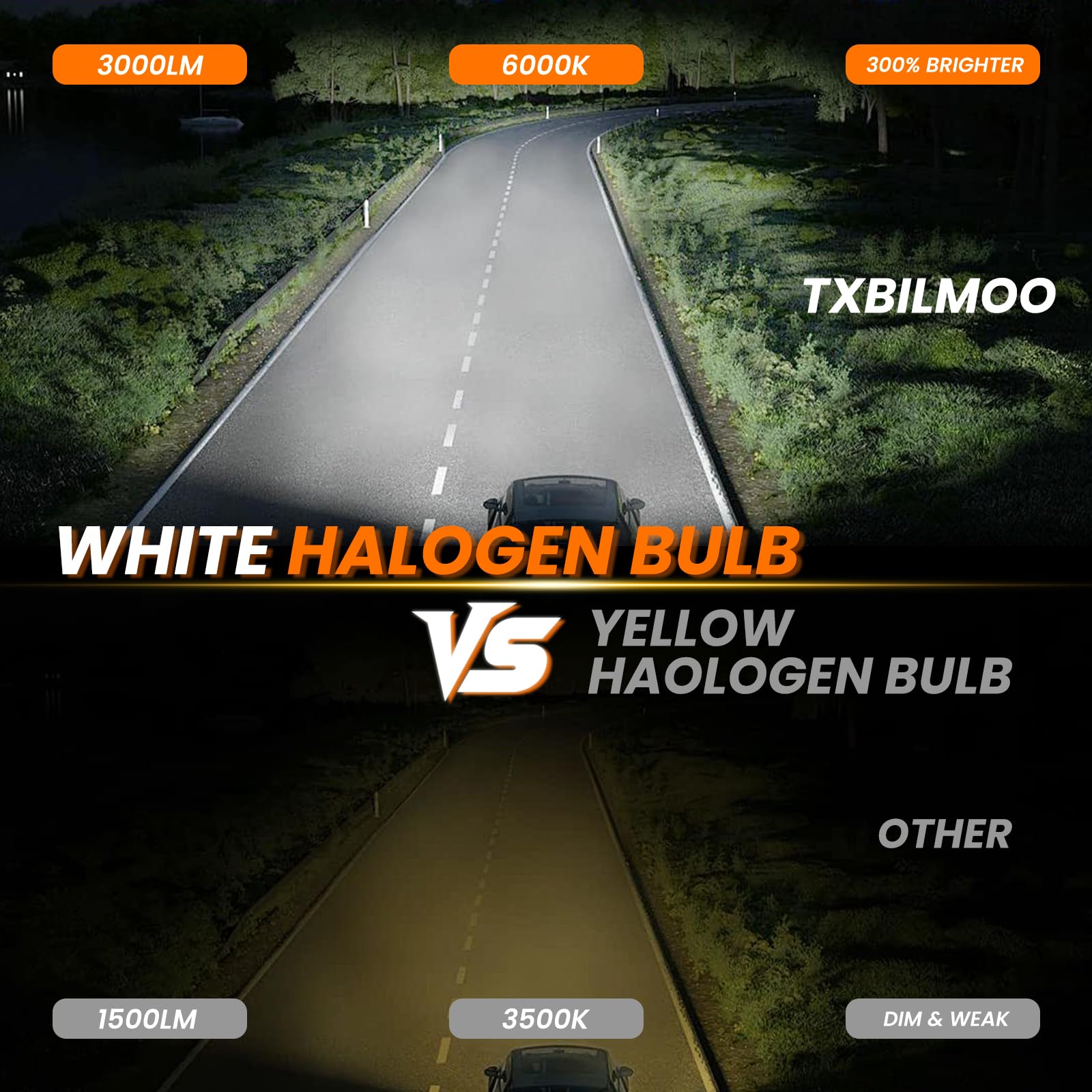 TXBILMOO beam pattern on dark road, shows brighter 6000K light and improved road visibility