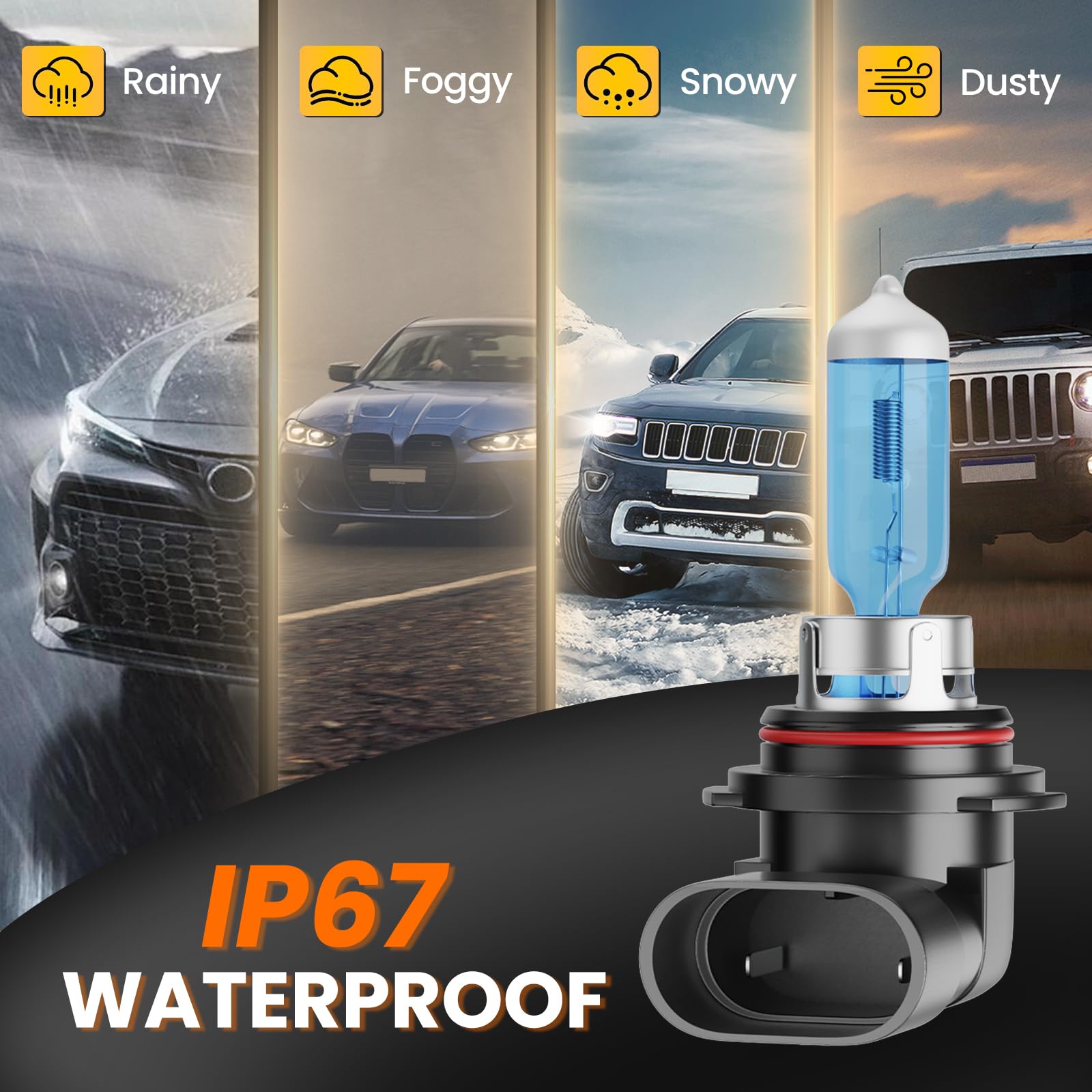 TXBILMOO bulb with water droplets, highlights IP67 seal and weather-resistant performance