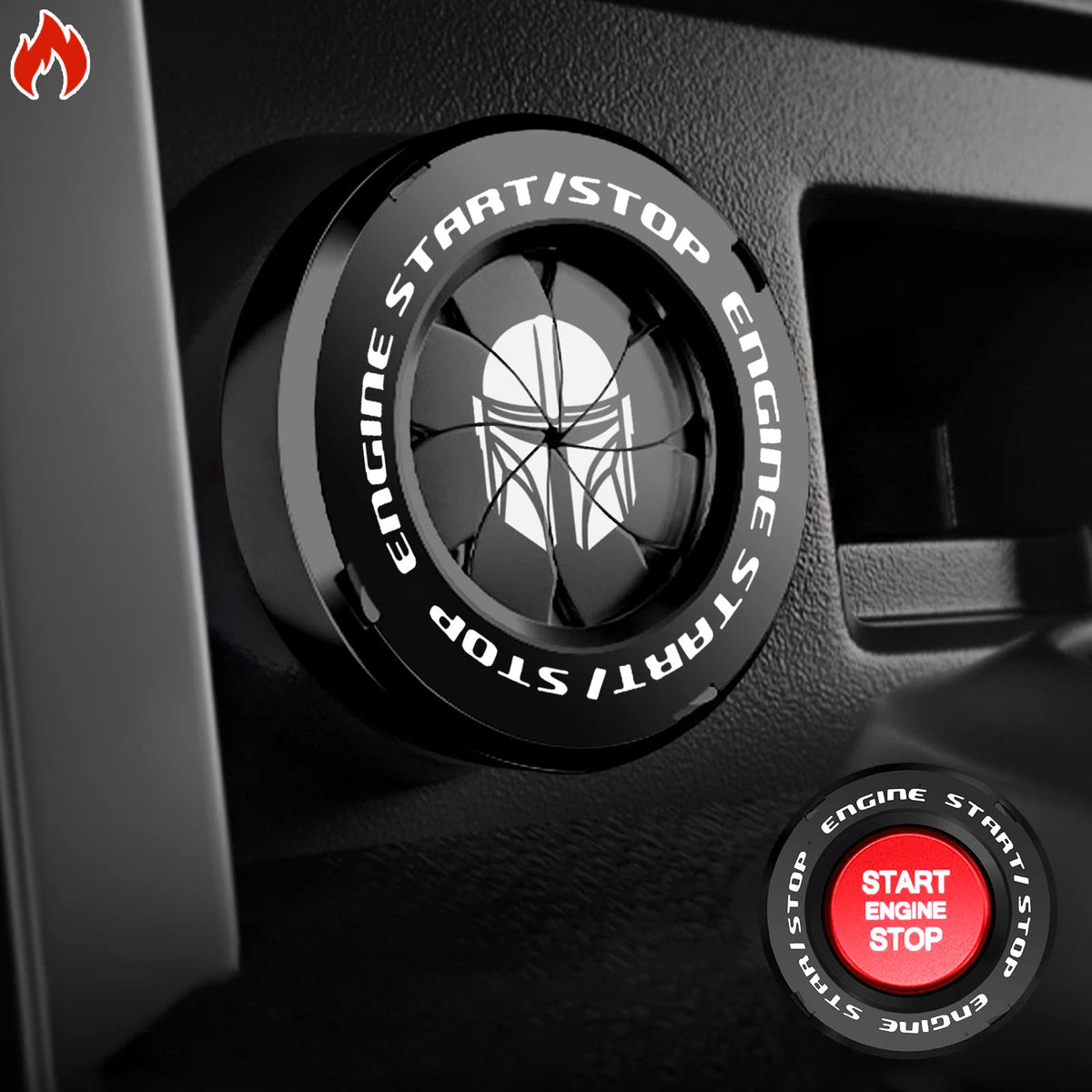 Tybasthe front view of black Mandalorian start button cover showing design and protection