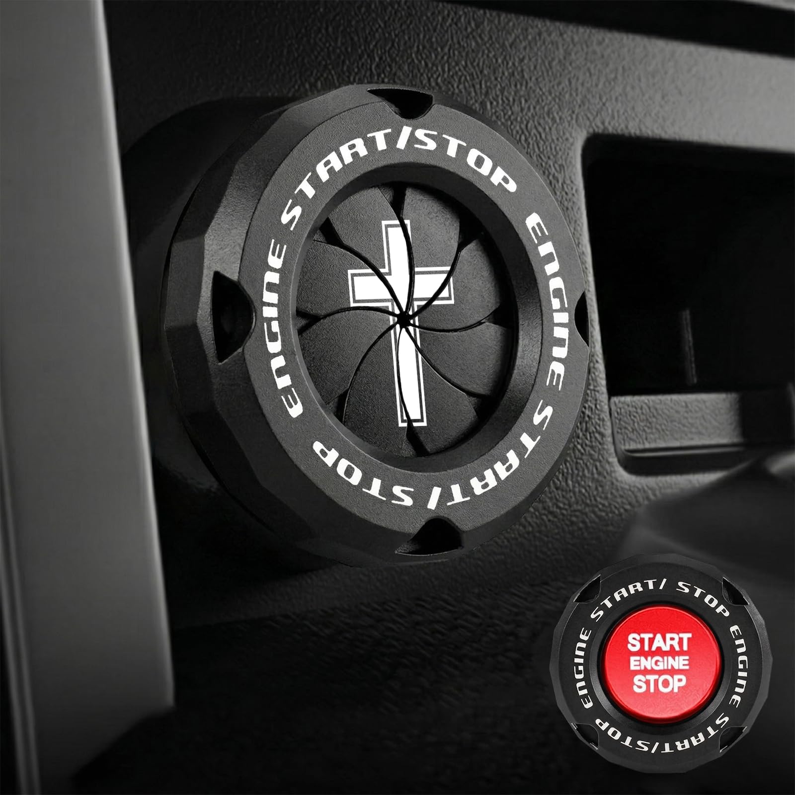 Tybasthe front view of the black start button cover showing fit and finish