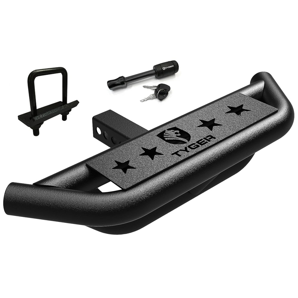 Tyger Auto front view of hitch armor showing step and protection benefit