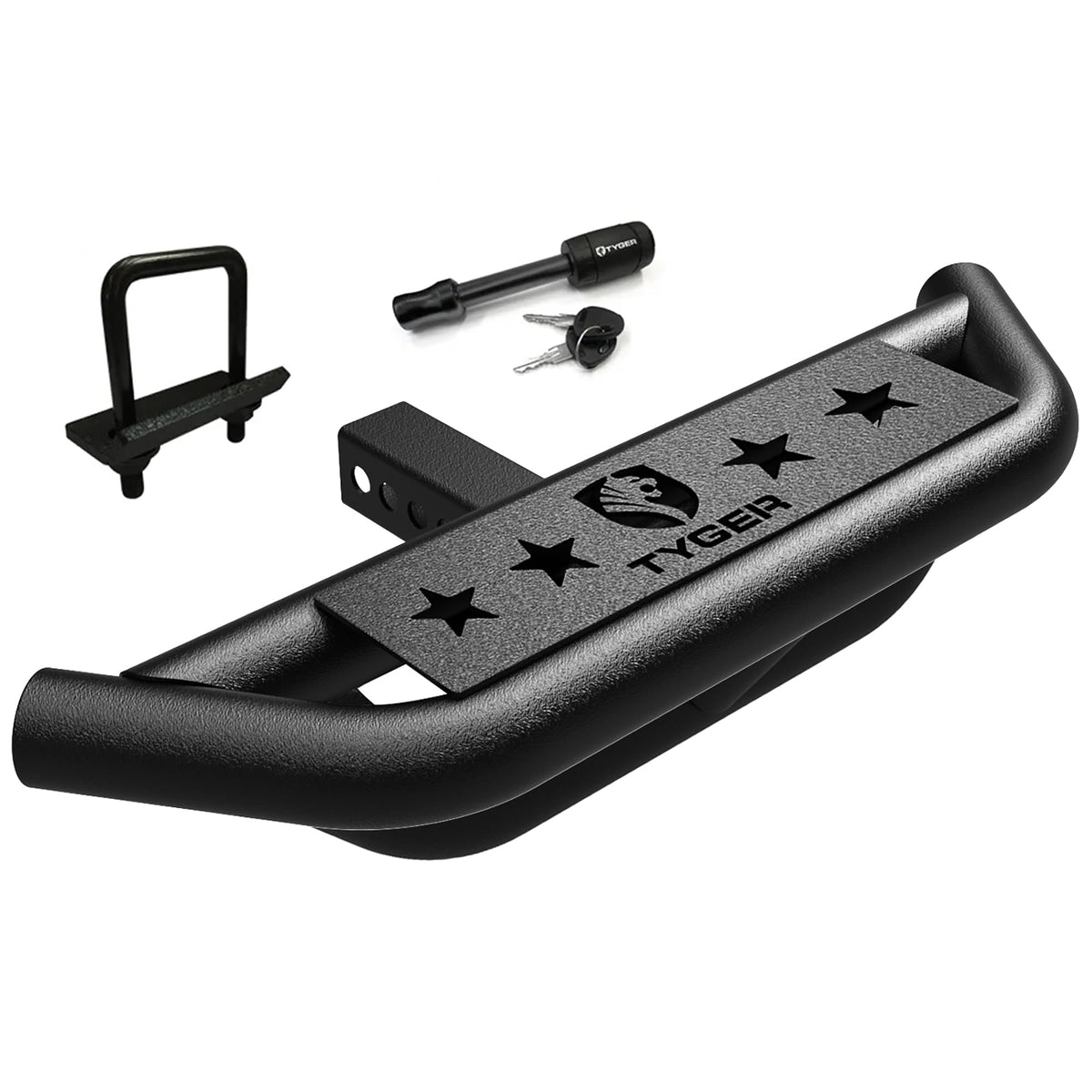 Tyger Auto front view of hitch armor showing step and protection benefit